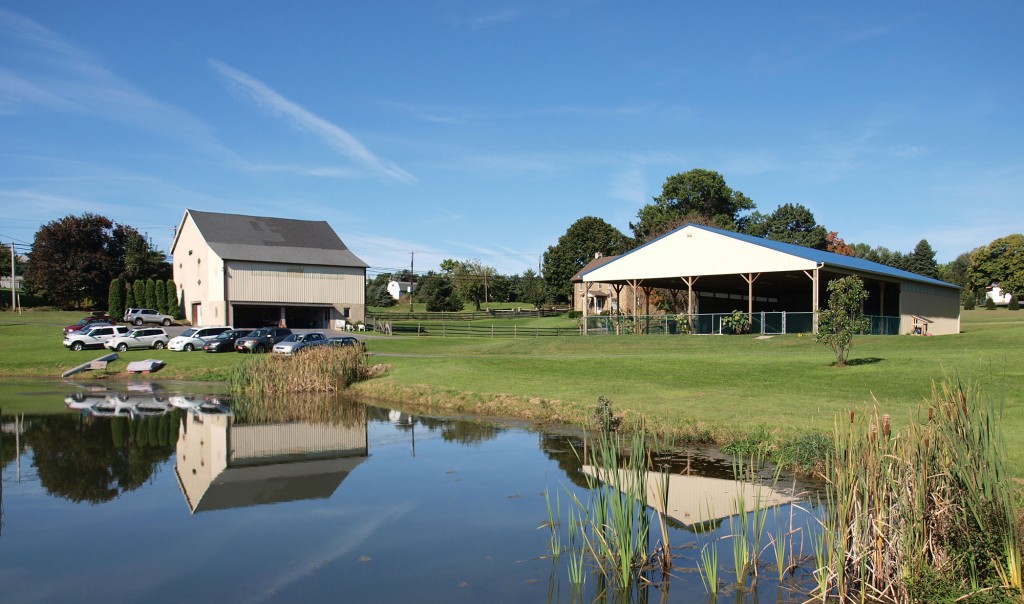 Beautiful day, looking at the pond, barn, and pole barn.