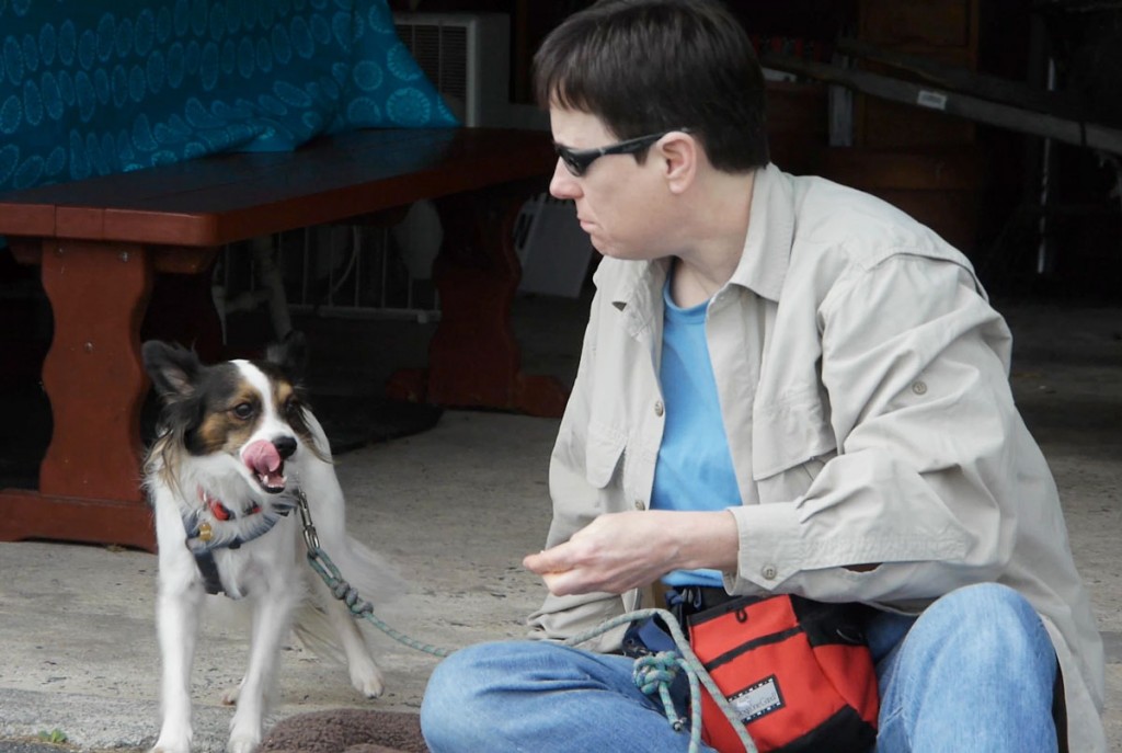 Image of Quincy doing a very long stress lick. 